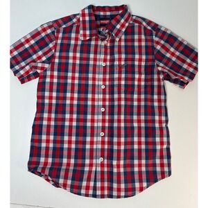Wrangler Boys M 8 Plaid Button Down Shirt Red White Blue Short Sleeve